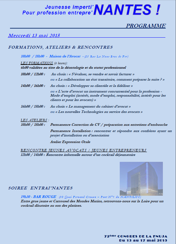 72e CONGRES DE LA FNUJA - Le Programme