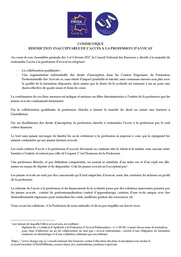 ALERTE : RESTRICTION INACCEPTABLE DE L’ACCES A LA PROFESSION D’AVOCAT
