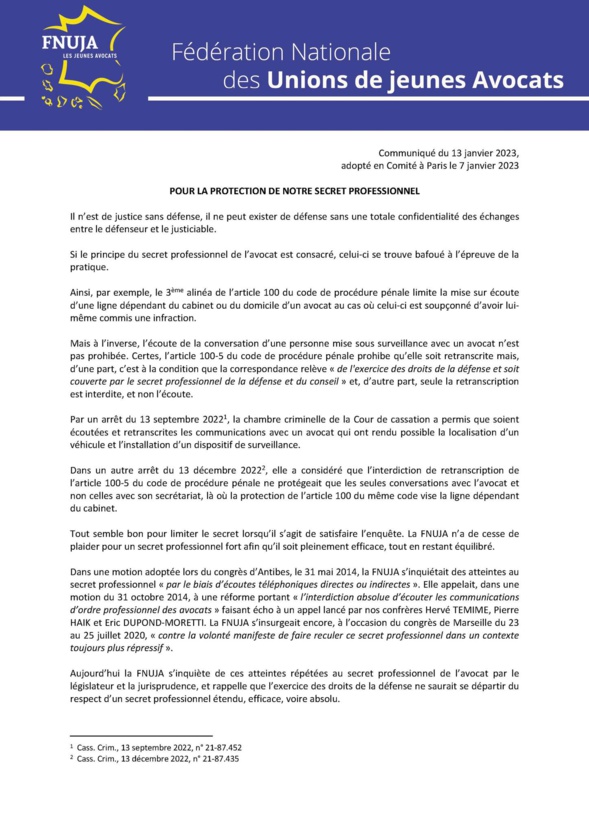 Communiqué "Pour la protection de notre secret professionnel"
