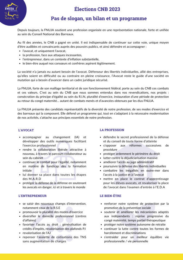 Élections CNB du 28 novembre 2023 : Pas de slogan, un bilan et un programme