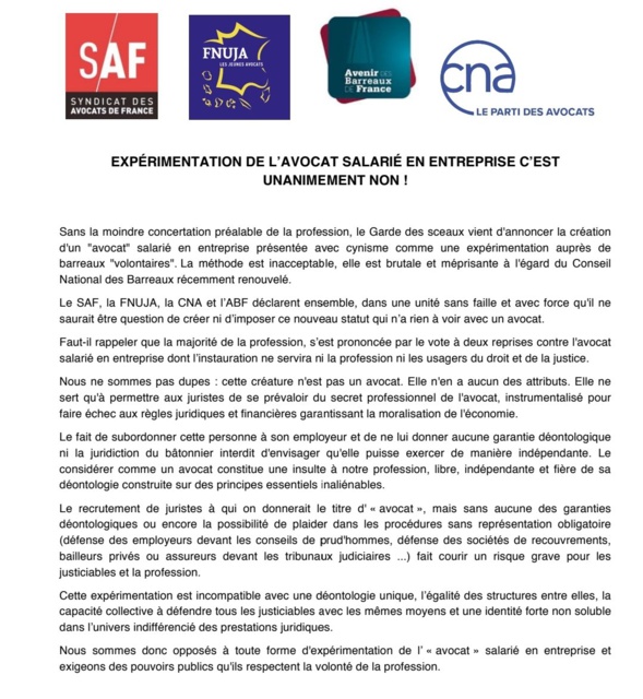 Expérimentation de l' "avocat" salarié en entreprise, c'est unanimement NON !