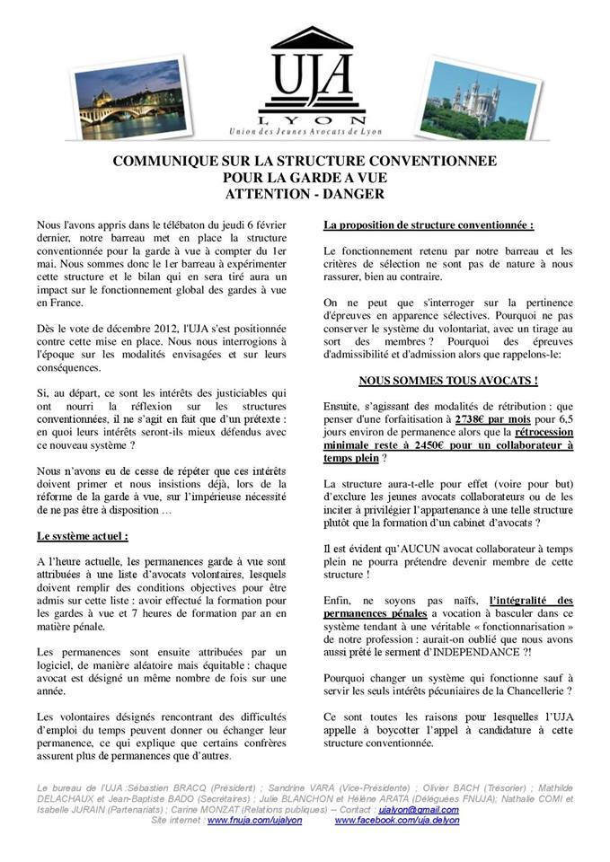 LYON : Communiqué sur les Structures conventionnées pour la Garde à vue