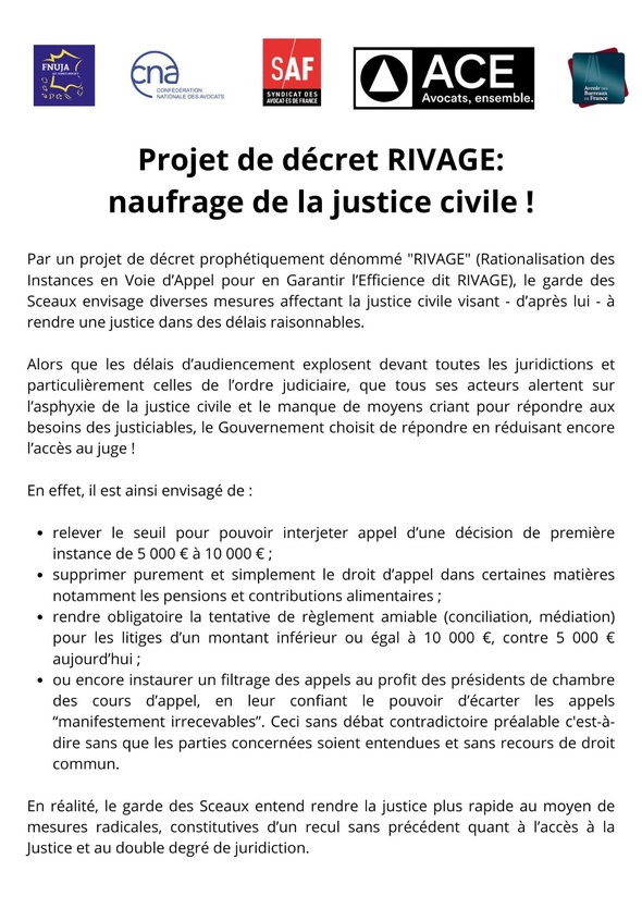 Projet de décret RIVAGE: naufrage de la justice civile !