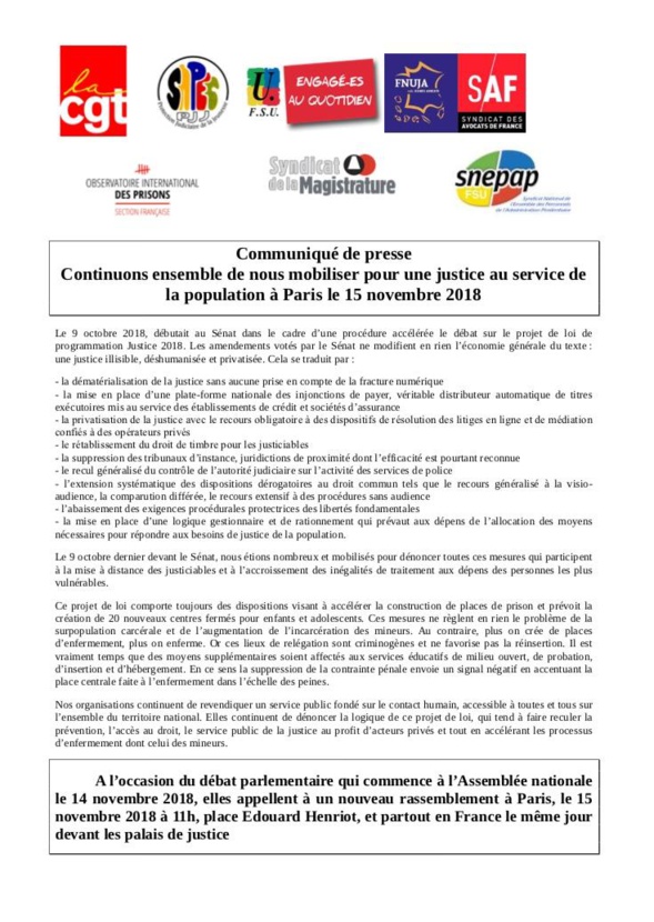Rassemblement anti-PJL Justice le 15 novembre, 11H, à l'Assemblée nationale, place Edouard Henriot et devant tous les palais de Justice de France !