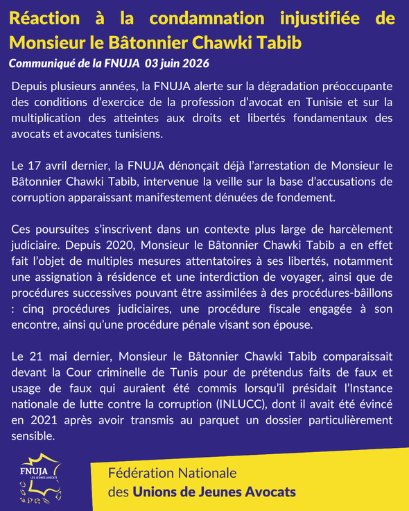 Réaction à la condamnation injustifiée de Monsieur le Bâtonnier Chawki TABIB