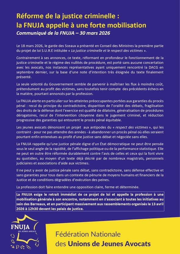 Réforme de la justice criminelle: la FNUJA appelle à une forte mobilisation 